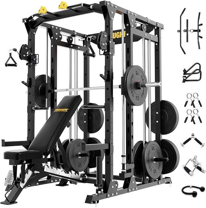 F4 Smith Machine, Power cage with Adjustable Cable Crossover System, All-in-One Squat Rack Training Equipment for Home Gym