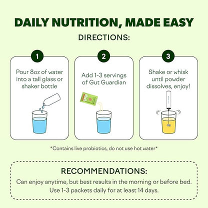 Feel Goods Gut Guardian, Organic Fiber, Probiotic & Prebiotic Powder, Sugar Free, Herbs for Bloat, Gut Health Support, Digestive Health for Men & Women, Non GMO, Vegan, Lemon Ginger, 15 Count