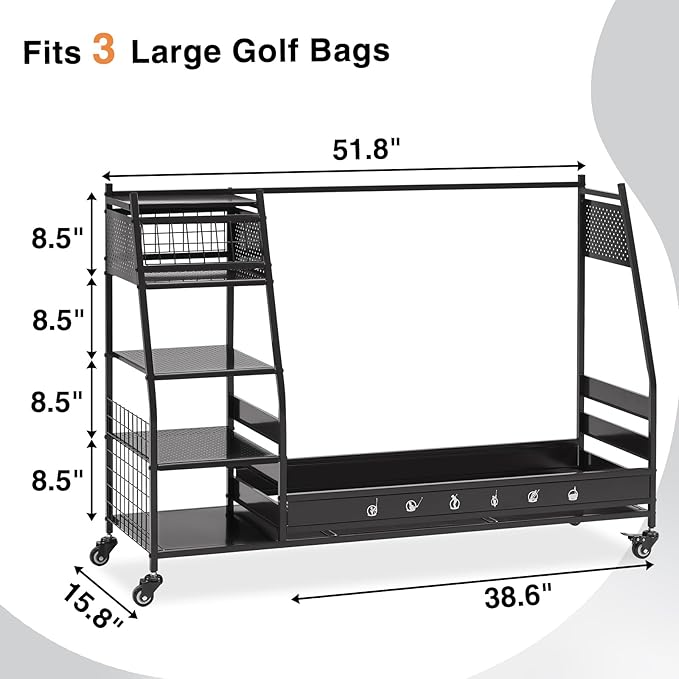 Lauren&Harold Golf Bag Organizer Garage Storage, Golf Storage Rack Stand Fits 2 Golf Bags, Golf Clubs and Other Golfing Equipment Accessories, Golf Organizer for Garage, Club, Shed, Basement