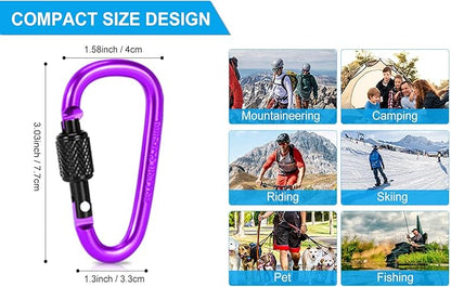 10 Pack Aluminum D Ring Key Rings Hiking Clips Locking Carabiner for Hiking Camping Fishing and Outdoor Use，Clips with Screw Gate Multicolored
