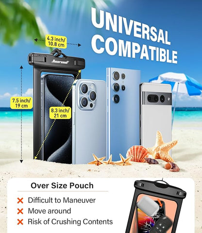 Hiearcool Waterproof Phone Pouch, Universal Case Compatible for iPhone 17 16 15 14 13 Pro Max Plus Up to 8.3", IPX8 Beach Travel Essentials-Black-2 Pack