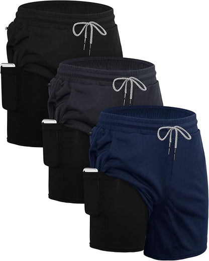 Sureio 3 Pcs Men's 2 in 1 Running Shorts 7 Inch Quick Dry Athletic Workout Shorts with Liner Phone Pockets Towel Loop