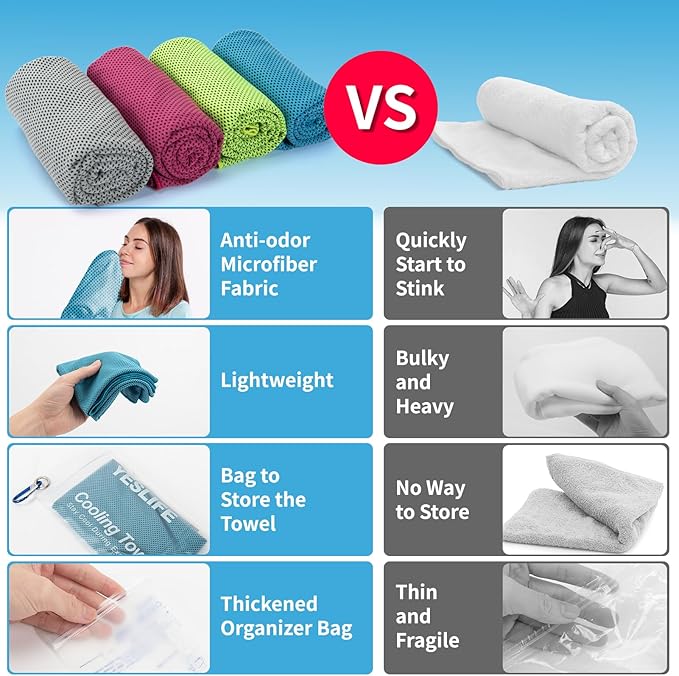 YESLIFE 4 Pack Cooling Towel 40"x12", Gym Towels for Men and Women, Soft Breathable Workout Towels for Yoga, Running, Sport, & More (Blue, Grey, Green, Pink)