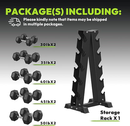 Hex Dumbbell Sets with Rack, 60-550 lb Rubber Encased Exercise & Fitness Dumbbells Set with Rack Option, Hand Weight for Strength Training, Weight Dumbbells