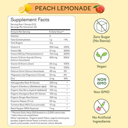 Feel Goods Immunity Icon, Zero Sugar, Vitamin C, A, B, D, E & Zinc, Organic Elderberry, Ashwagandha, Drink Mix Powder, Vegan, Non GMO, Caffeine & Gluten Free | Peach Lemonade, 30 Servings