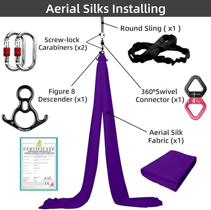 PRIOR FITNESS Aerial Silks Kit Colorful 9/15/20 Yards 40D Nylon Fabric Hammock Set With Hardware & Guide for All Levels Of Aerial Yoga Practice and Acrobatic Flying For Adults Aerial silk