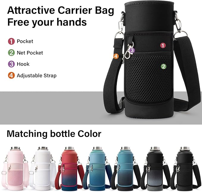 Insulated Water Bottle | Thickened Stainless Steel Vacuum Metal | Portable Sports Water Jug for Gym and Hiking with Straw, Carrier Bag, Handle Strap | BPA-Free 40 oz