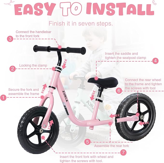 12 inch Toddler Balance Bike Adjustable Handlebar & Seat Anti-Slip Grip Suitable for 2-5 Years Old with Footrest Lightweight for Tolddlers Boys Girls Multiple Colors to Choose