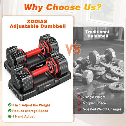 XDDIAS Adjustable Dumbbell Set of 2, 25/55/80LB Dumbbell Set-1Sec Adjustable Weights-5/10 in 1 Free Weights Dumbbells Set with Effortless Tray/No-Slip Handle-Compact Size for Women/Men at Home Gym