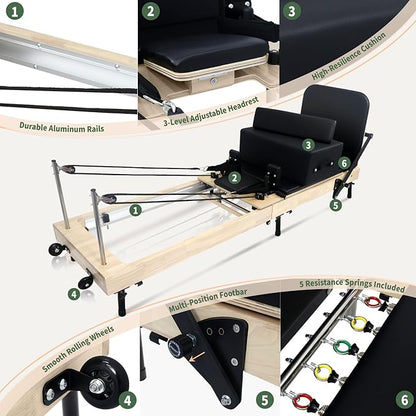 Foldable Pilates Reformer with Sitting Box, Double Jump Boards – Wooden Pilates Reformer Machine with Velvet Straps, German Springs, Smooth Aluminum Rails, Pilates Machine for Home