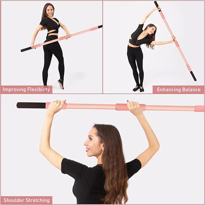 Pink Yoga Stick 58 Inch - Alloy Steel Stretching, Mobility & Exercise Stick with Neck & Hand Pads, Shoulder Flexibility Tool for Yoga, Pilates & Home Gym Workouts