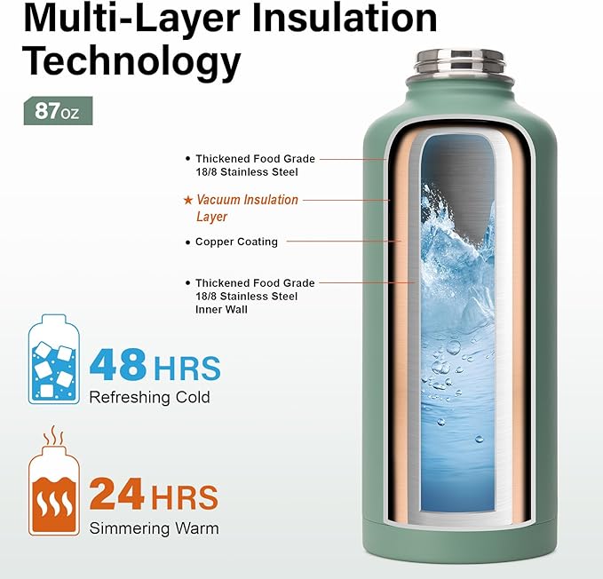 Insulated Water Bottle | Thickened Stainless Steel for Gym and Hiking with Straw, Carrier Bag, Handle Strap | BPA-Free 87 oz