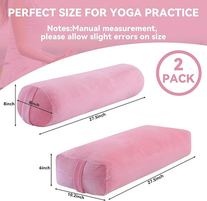 ROYALAY 2 Pcs Yoga Bolster Pillow for Restorative Yoga, Rectangular and Cylinder Meditation Pillow Set with Carrying Handles, Supportive Cushion for Exercise Workout Stretching Meditation,Pink