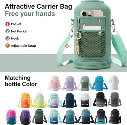 Insulated Water Bottle | Thickened Stainless Steel Vacuum Metal | Portable Sports Half Gallon Large Water Jug for Gym and Hiking with Straw, Carrier Bag, Handle Strap | BPA-Free 64 oz