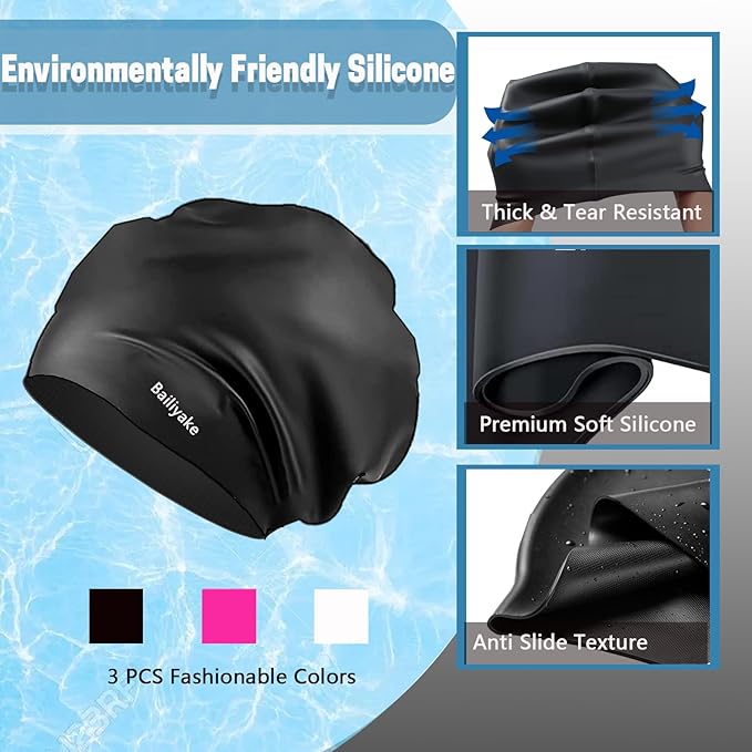 3 Pack Extra Large Swim Cap for Braids & Dreadlocks - Waterproof Silicone Swim Hat for Women with Long Thick Hair, Protective Swim Cap Cover Ears for Swimming, Shower, Bathing