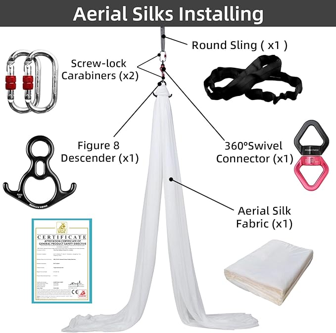 PRIOR FITNESS Aerial Silks Kit Colorful 9/15/20 Yards 40D Nylon Fabric Hammock Set With Hardware & Guide for All Levels Of Aerial Yoga Practice and Acrobatic Flying For Adults Aerial silk