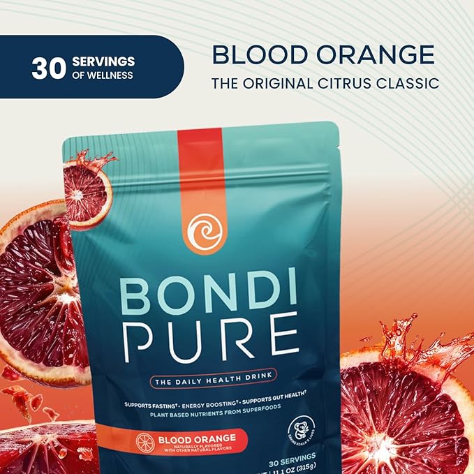 Bondi Pure - Daily Health & Detox Drink - Promote Gut Health & Energy Support During a Cleanse or Intermittent Fasting - Plant-Based Fibers, Alkalizing Super Greens - Blood Orange (30 Servings)