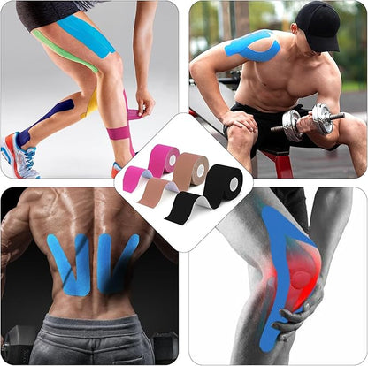 (3 Pack) Kinesiology Tape for Physical Therapy Sports Athletes–Latex Free Elastic Kinetic Tape 16ft Water Resistant Kinetic Uncut Sport Tape for Knee Pain, Shoulder Muscle & Elbow(Black+Blue+Beige)