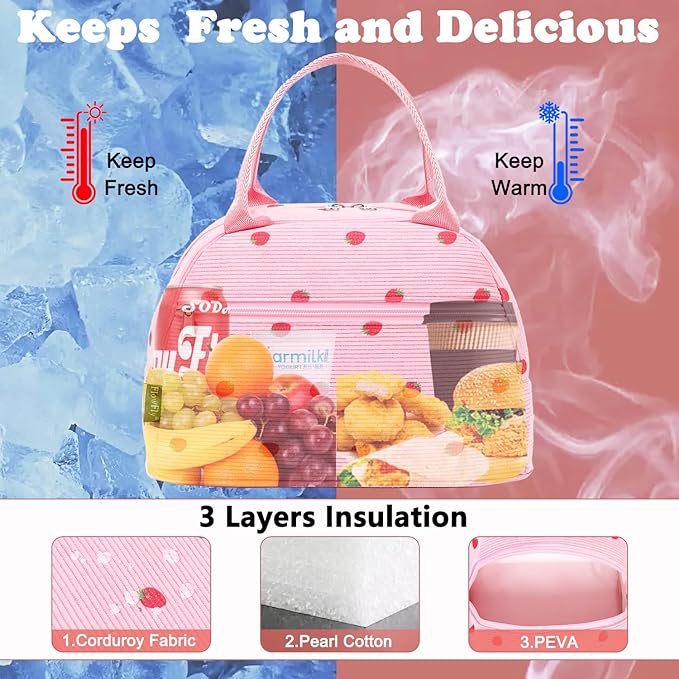 FlowFly Insulated Lunch Bag for Women – Corduroy Lunch Tote Box, Cute Cooler Bag for Work, Travel, Picnic,Corduroy Strawberries RoseRed