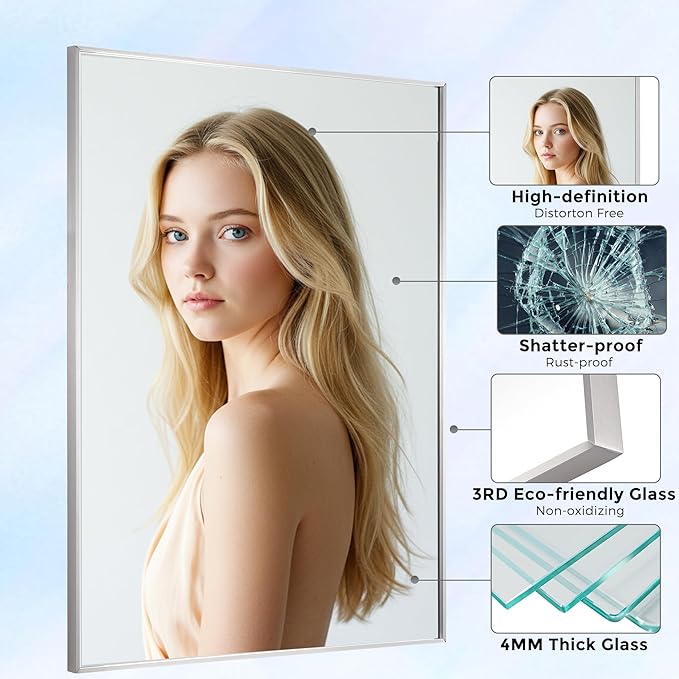 27x40 Inch Nickel Bathroom Mirror for Wall, Aluminum Frame Rectangle Rectangular Vanity Mirror, Modern Large for Bedroom, Living Room, Horizontal or Vertical