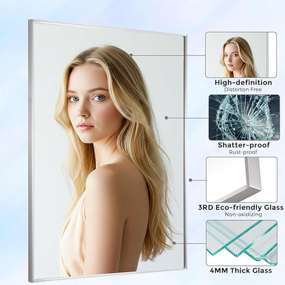 20x40 Inch Nickel Bathroom Mirror for Wall, Aluminum Frame Rectangle Rectangular Vanity Mirror, Modern Large for Bedroom, Living Room, Horizontal or Vertical