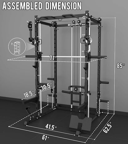 Eonfit E3 Smith Machine with 360°Rotating Arm for Home Gym Equipment, Multi-Function Power Cage Squat Rack with Cable Crossover LAT Pulldown Pulley System All in One