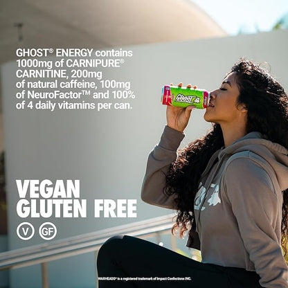 GHOST Energy Drink - 12-Pack, Warheads Sour Watermelon, 16oz - Energy & Focus & No Artificial Colors - 200mg of Natural Caffeine, L-Carnitine & Taurine - Gluten-Free & Vegan