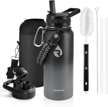 Insulated Water Bottle 32 oz, Triple Wall Vacuum Stainless Steel (Cold for 48 Hrs), Leak Proof & Non-BPA, Modern Water Flask Jug with Paracord Handle & Straw Spout Lids, Dark Grey