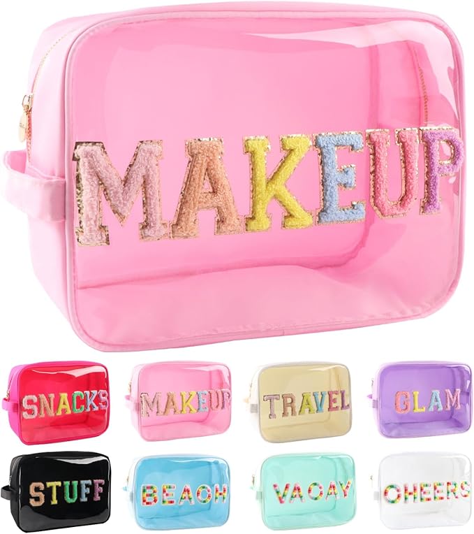 Large Clear Glitter Patches MAKEUP Pouch Preppy Transparent TPU and Nylon Cosmetic Bag Women (Pink-Makeup)