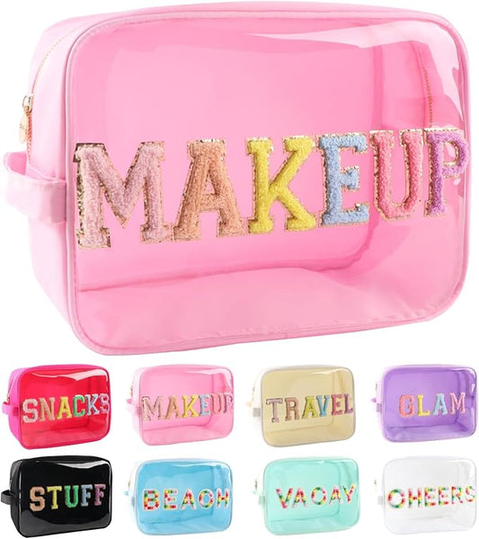 Large Clear Glitter Patches MAKEUP Pouch Preppy Transparent TPU and Nylon Cosmetic Bag Women (Pink-Makeup)