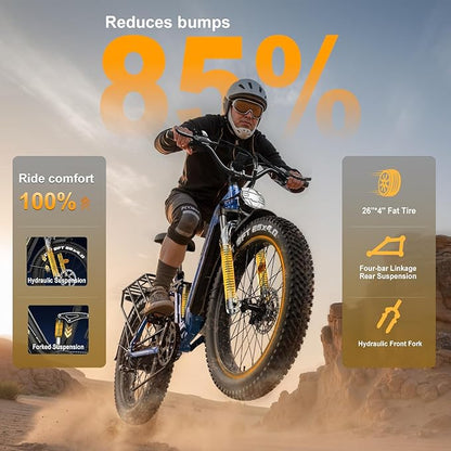 FREESKY Electric Bike for Adults,105mile Long Range Ebike, 2000W Motor 37MPH Fast Step-Thru E Bike 25Ah Samsung Cells Battery Full Suspension Electric Dirt Bicycle 26'' Fat Tire for Commuter Mountains