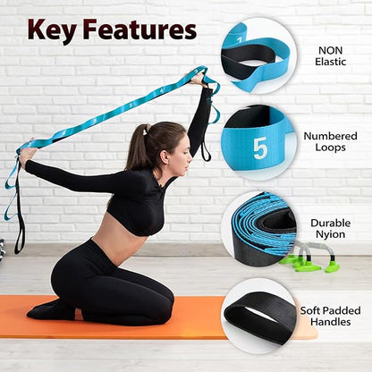 Stretching Strap with 10 Loops-Yoga Strap for Physical Therapy,Home Workout,Pilate & Flexibility Training,Non Elastic Exercise Stretch Band for Hamstring,Leg Stretcher Belt,Flexibility Fascia
