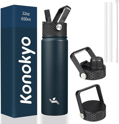 22oz Stainless Steel Bottles with 3 Lids Sport Insulated Water Bottle,Navy Blue