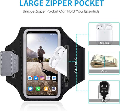 GUZACK Running Phone Holder with Zipper Pouch, Running Armband for iPhone 16 Pro/15/14/13/12/11 Pro Max/Plus/XR/XS, Galaxy S25/S24/S23/S22, Cell Phone Arm Holder with Card Slot - Size S