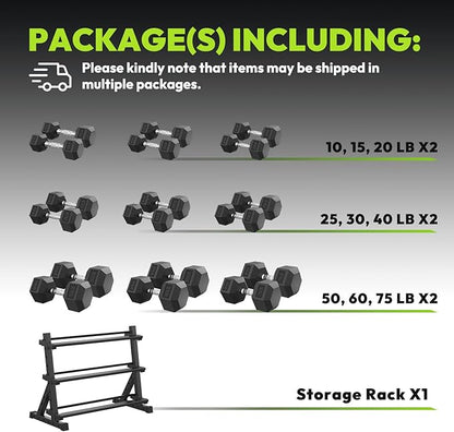 Hex Dumbbell Sets with Rack, 290-670 lb Rubber Encased Exercise & Fitness Dumbbells Set, Hand Weight for Strength Training, Weight Dumbbells