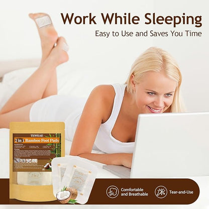 2 in 1 Foot Pads, Tear and Use Pure Bamboo Vinegar Coconut Foot Pads, Bigger Adhesive ''Stay in Place'' Goodnight Pads (10Pads)