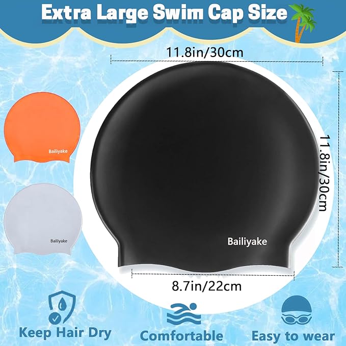3 Pack Extra Large Swim Cap for Braids & Dreadlocks - Waterproof Silicone Swim Hat for Women with Long Thick Hair, Protective Swim Cap Cover Ears for Swimming, Shower, Bathing
