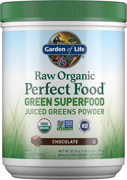 Garden of Life Raw Organic Perfect Food Green Superfood Juiced Greens Powder - Chocolate, 60 Servings, Non-GMO, Gluten Free, Vegan Whole Food Dietary Supplement Plus Probiotics, Enzymes