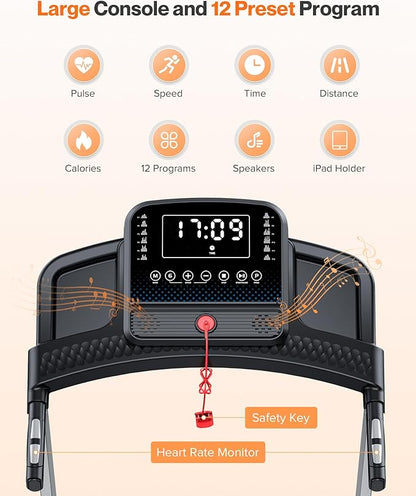 Folding Treadmill with Incline, 3.0 HP Quiet Treadmills for Home, 350 lbs Weight Capacity & 7.6 MPH, Incline Treadmill with Pulse Sensor and Bluetooth Speaker, Wide Belt, App, LED Display