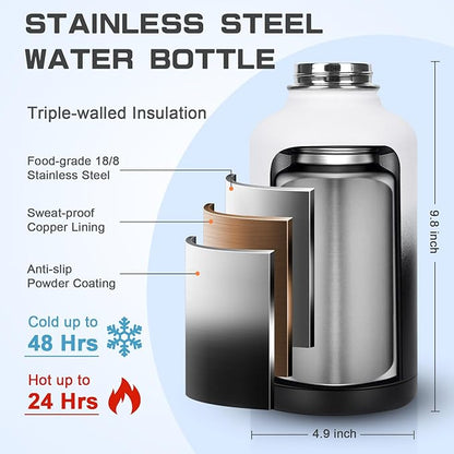 Insulated Water Bottle 64 oz, Half Gallon Water Jug Cold 48H, BPA Free Stainless Steel Bottles with Straw/Chug 2-in-1 Lid, Bag, Paracord Handle, Silicone Boot, Sports Gym School Metal Flask