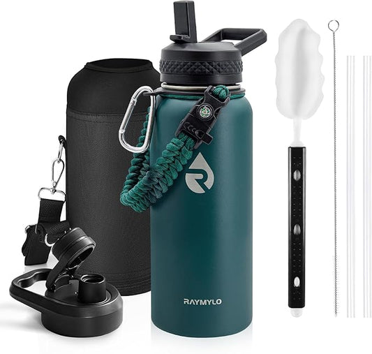 Insulated Water Bottle 32 oz, Triple Wall Vacuum Stainless Steel (Cold for 48 Hrs), Leak Proof & Non-BPA, Modern Water Flask Jug with Paracord Handle & Straw Spout Lids, Dark Green