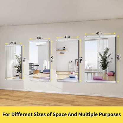 Home Gym Mirror - 55x28 Inch, 2PCS Frameless Tempered Glass Full Body Mirror for Wall Mount - Ideal for Yoga, Workout, Bedroom, Dance Studio (Silver)