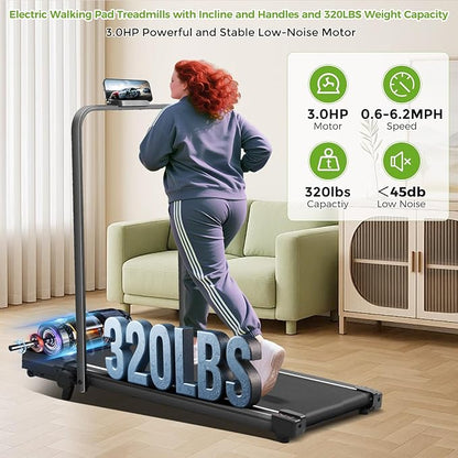 Walking Pad with Incline and Handle Bar, 3.0HP Portable Electric Walking Pads Treadmill with Handles for Home Small Spaces, 0.6-6.2 MPH Compact Small Under The Desk Treadmills Home, 320LBS Capacity