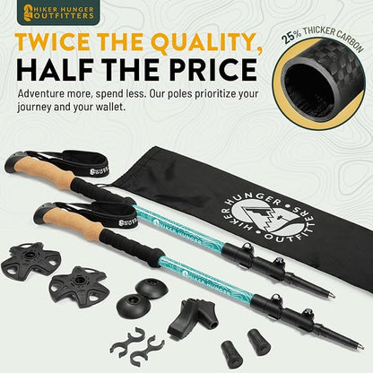 100% Carbon Fiber Trekking Poles by USA Brand - Ultra Strong Lightweight Collapsible Hiking Poles with Cork and EVA Foam Grips & Quick Adjustable Flip Locks