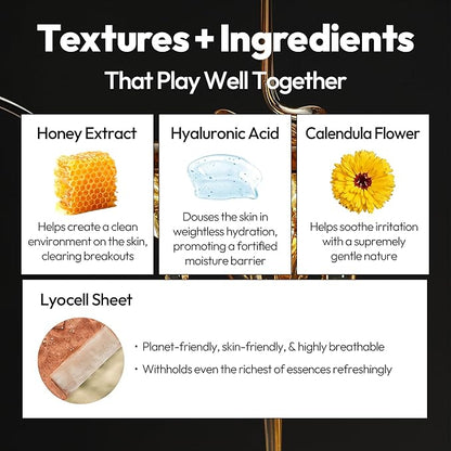 LAPCOS Honey Sheet Mask, Daily Face Mask with Hyaluronic Acid and Antioxidants to Hydrate and Tighten Dry Skin, Korean Beauty Favorite, 5-Pack
