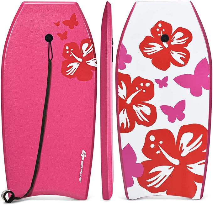 Goplus 41''/37''/33'' Lightweight Body Board for Beach, Surf Board with EPS Core, XPE Deck, HDPE Slick Bottom, Wrist Leash, Bodyboard for Kids Adults Surfing