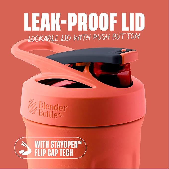 BlenderBottle Strada Shaker Cup Insulated Stainless Steel Water Bottle with Wire Whisk, 24-Ounce, Full Color Coral