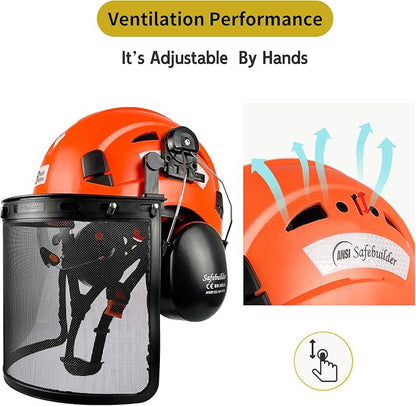 Forestry Safety Helmet with Build-in Visor Mesh Face Shield Ear Muffs 4 in 1 Chainsaw Safety Hard Hats