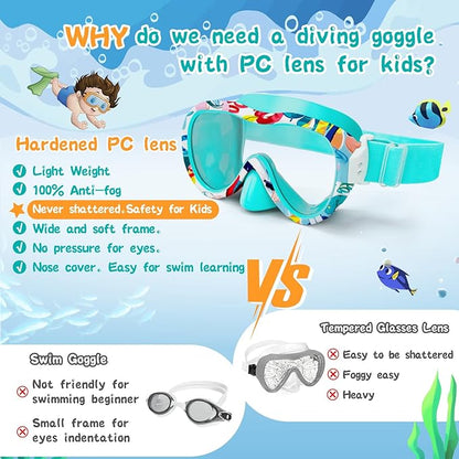 Kids Swim Goggles with Nose Cover, 180° Panoramic Snorkel Mask with Anti-Fog & Anti-Leak Design, Comfort Fabric Strap UV Protection Lens for Boys Girls Ages 3-15