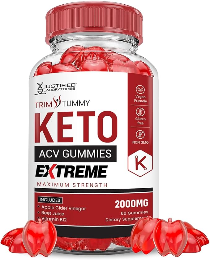Justified Laboratories Trim Tummy Keto ACV Gummies Extreme 2000MG Trim Tummy Keto Gummies Apple Cider Vinegar Formulated with Pomegranate Beet Juice Powder B12 Vegan Non GMO 60 Gummys